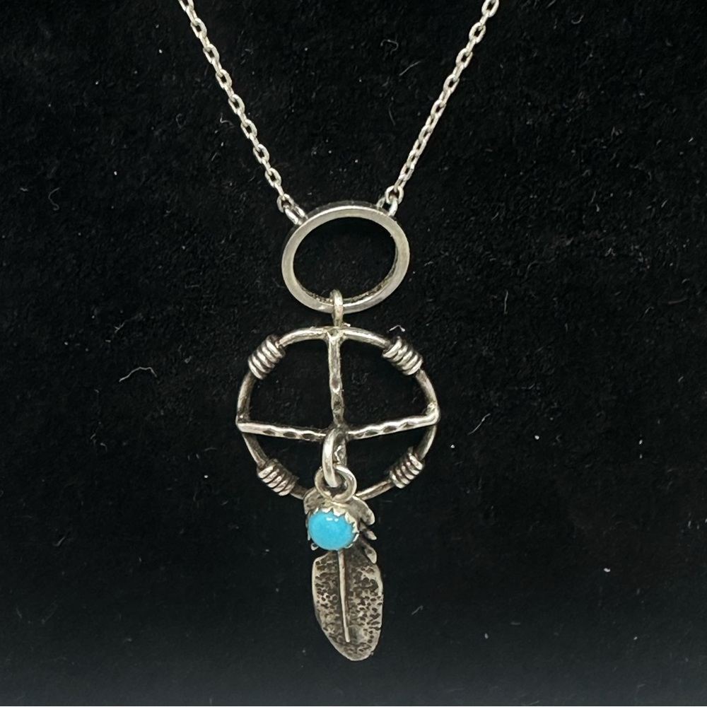 925 Silver Native American Necklace with Turquoise Feather Charm